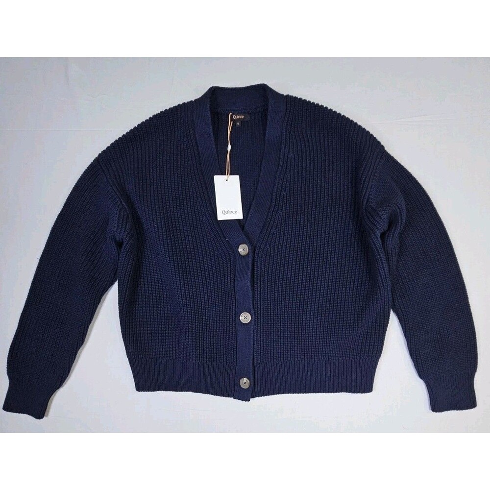 Quince Cardigan Women Small Blue 100% Organic Cotton Fisherman Boxy Cropped NEW